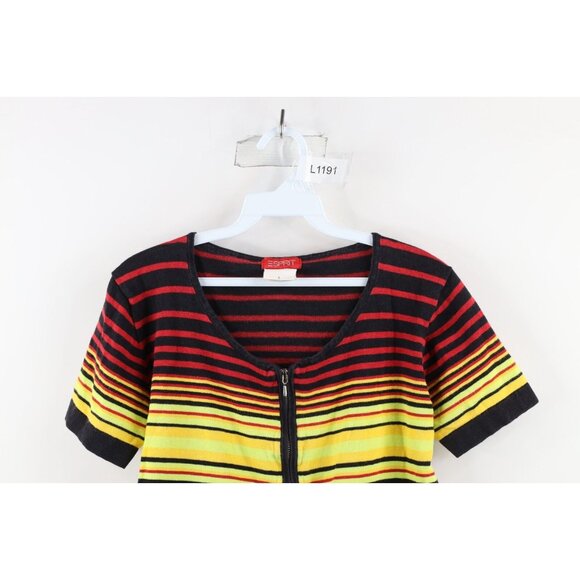 Vintage 90s Esprit Womens Large Faded Striped Knit Cropped Fit Full Zip T-Shirt - Picture 2 of 7
